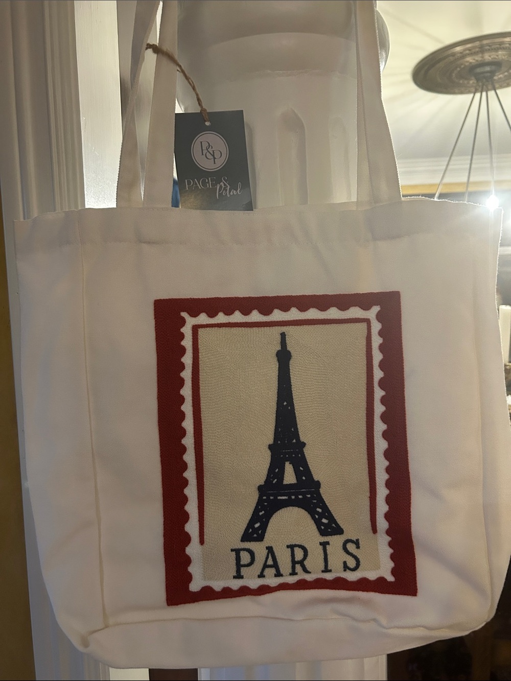 White Canvas Paris Tote with Red & Navy Design